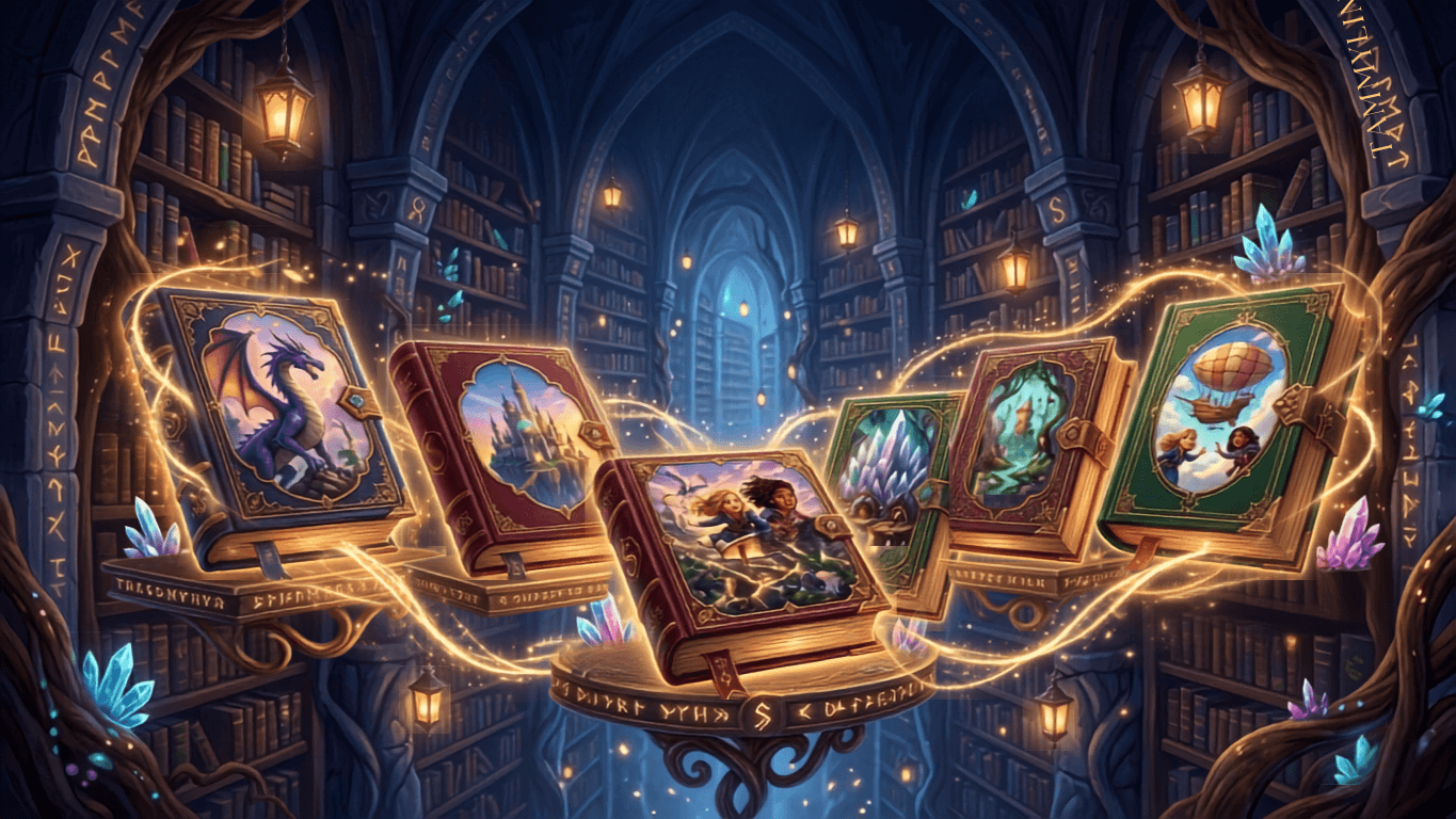 Premium illustrated storybooks floating on magical shelves inside an enchanted library