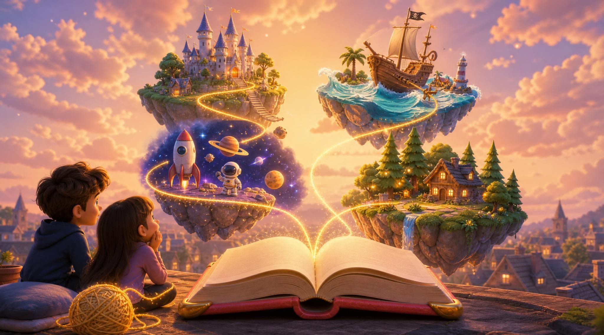 Multiple story worlds emerging from a giant glowing book — fantasy kingdom, dragons, space, and ocean adventures