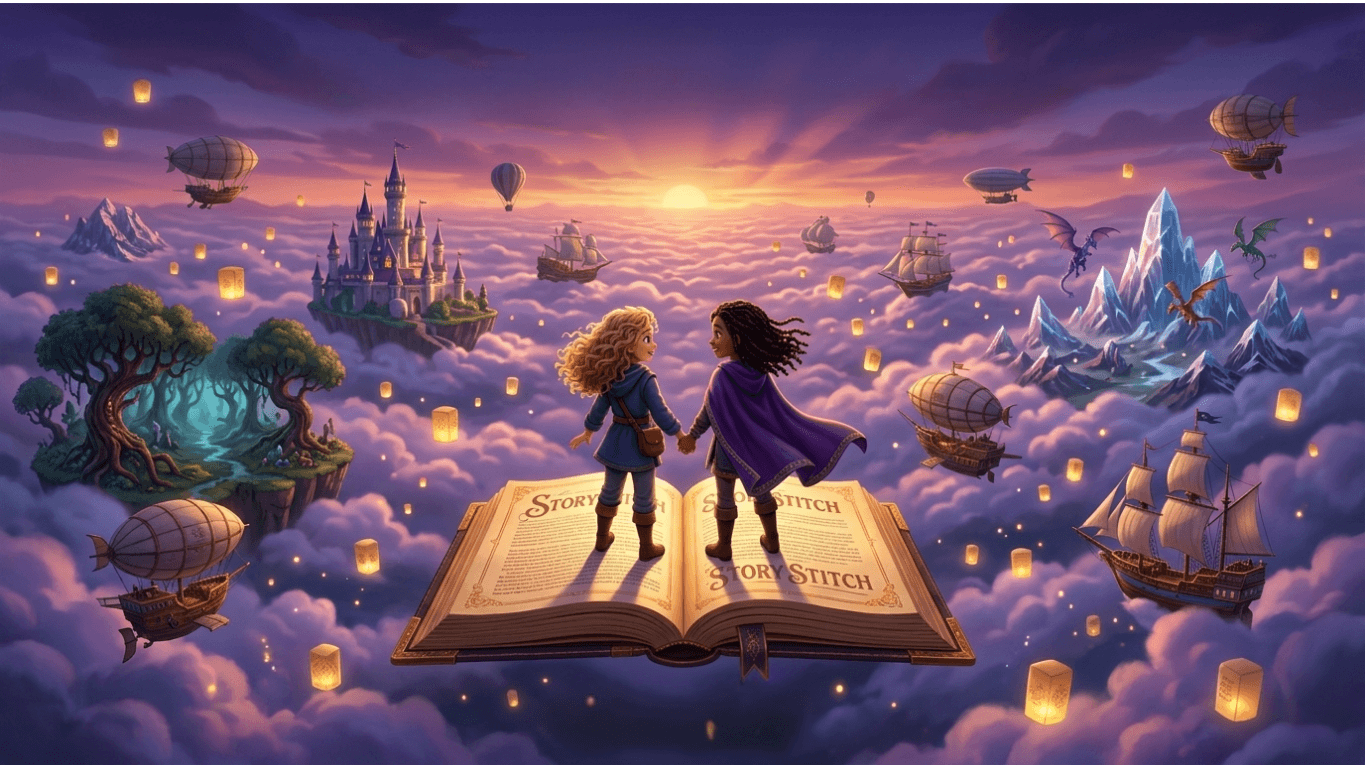 Two children standing on a giant glowing StoryStitch book overlooking magical worlds among the clouds