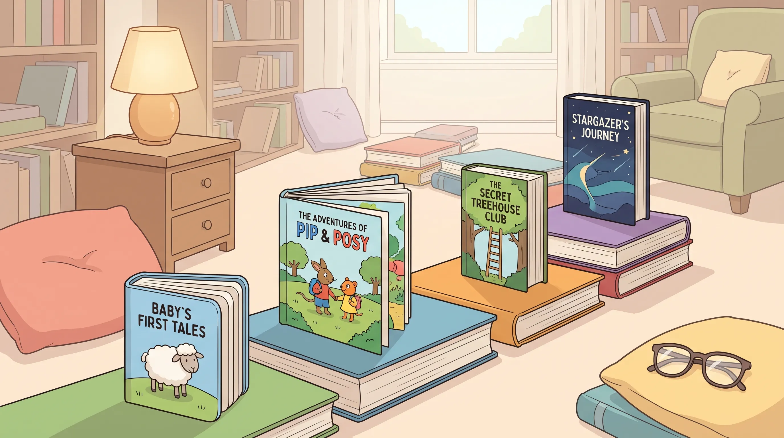 A symbolic scene of a stack of age-appropriate storybooks arranged like stepping stones along a gentle path through a family reading corner, with a baby board book, a picture book, an early chapter book and a teen novel visible as distinct formats, and soft everyday reading cues such as a cushion, lamp and reading glasses nearby. No people in the foreground; the composition suggests choosing the right read-aloud book for different ages.
