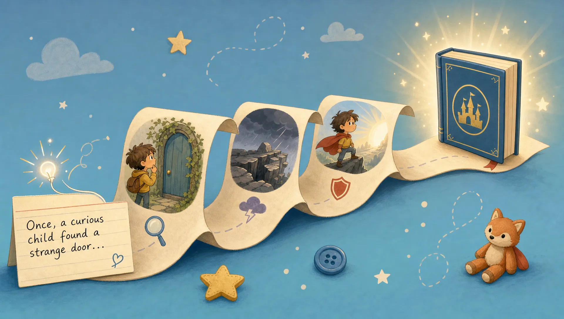 A symbolic scene of a bright story idea taking shape as a paper path rises from a single handwritten sentence card to a sequence of small story beats: a curious child, a problem, a brave choice, and a neat finished book at the end. The scene is set against a simple conceptual background with a few scattered story markers like a star, a tiny button, and a toy animal, showing the idea-to-book journey without a desk or open book as the main focus.
