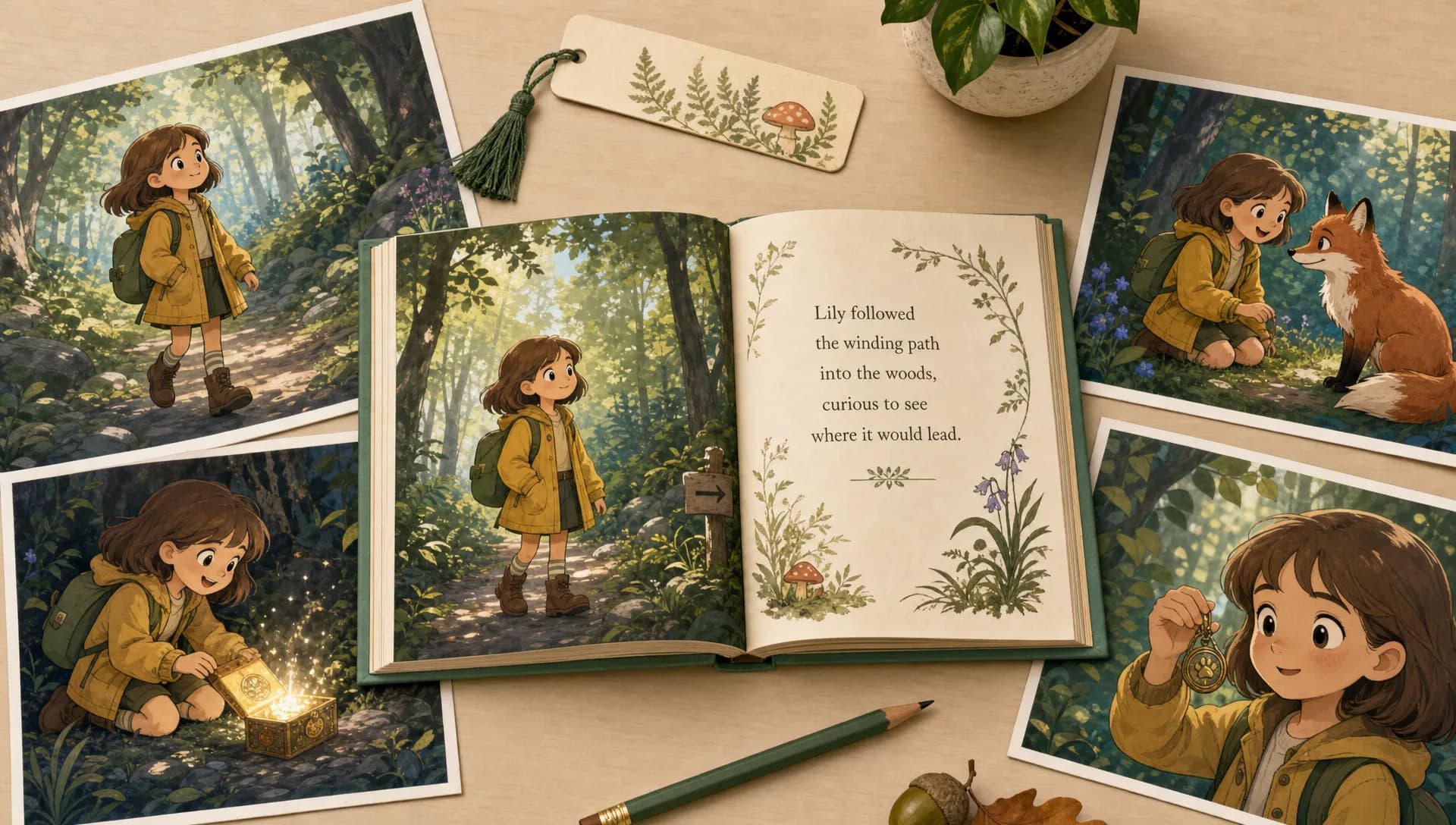 An overhead scene of an open illustrated storybook on a plain tabletop, with several surrounding pages fanned out to show the same character in different moments of the story: arriving at a forest path, meeting a friendly animal, and finding a hidden object. A few simple reading props like a bookmark and pencil sit nearby, but the book pages remain the clear focal point.