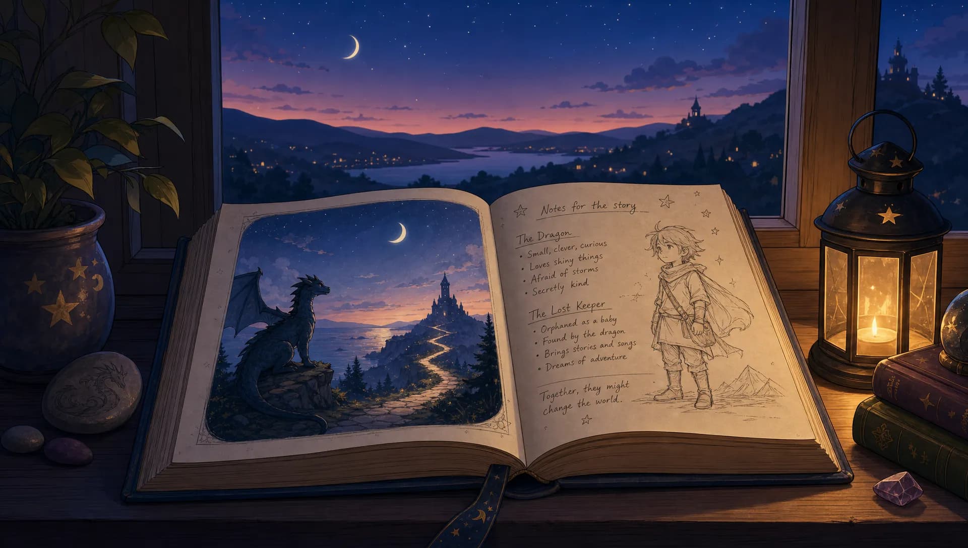 A single open storybook resting on a windowsill at dusk, with one page showing a small dragon and a moonlit path, while the other page holds handwritten story notes and a simple sketch of a character. Outside the window, a quiet sky and a few stars suggest a child’s imaginative world without showing a person at a desk.