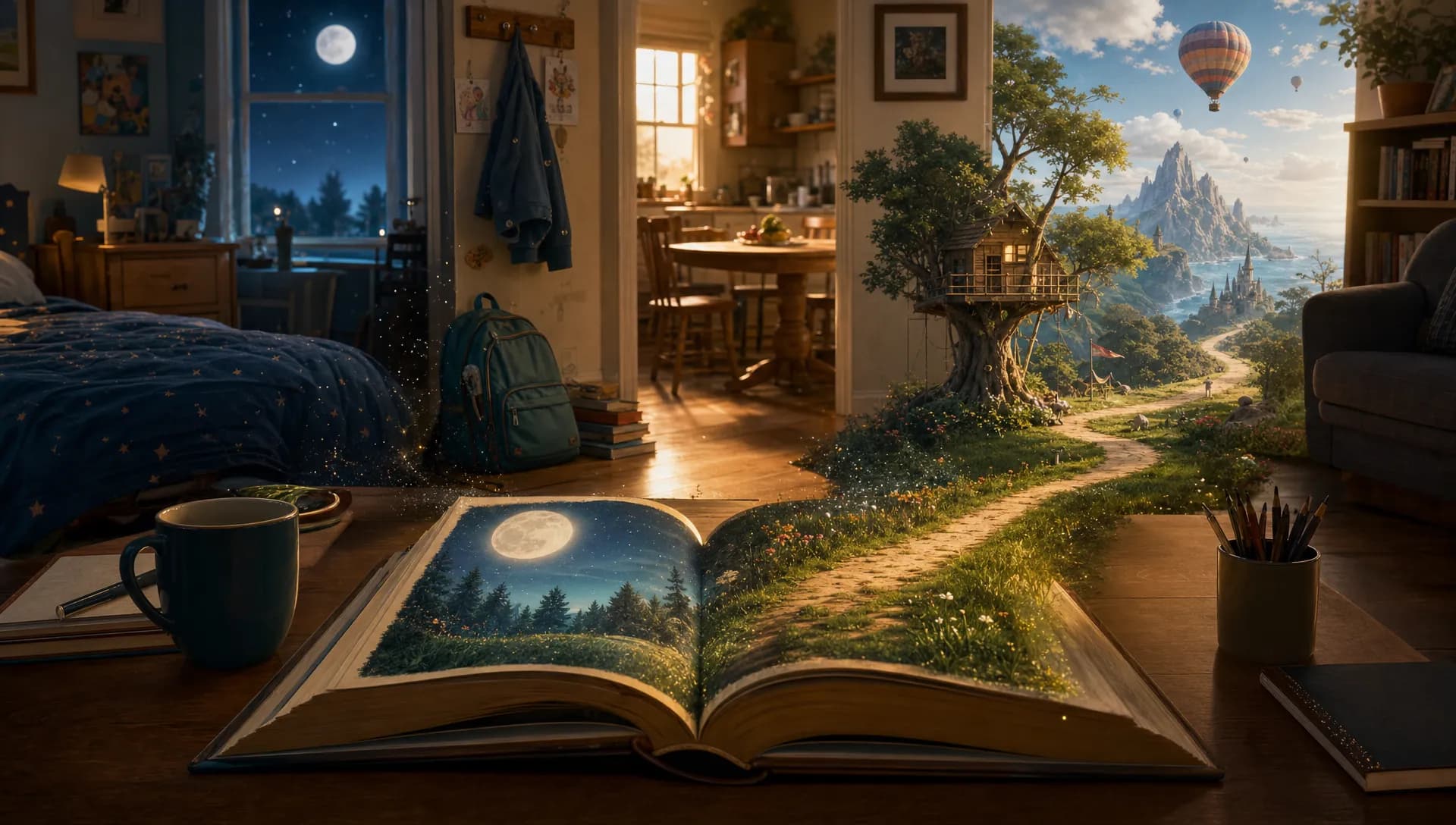 A symbolic scene of an open storybook on a table at the center of a softly lit family room, with illustrated pages spilling into a layered memory landscape of a bedtime moon, a school backpack, a kitchen table, and a backyard path that curves into a small adventure world. No people in the foreground, emphasizing the idea of a personal story becoming a book.