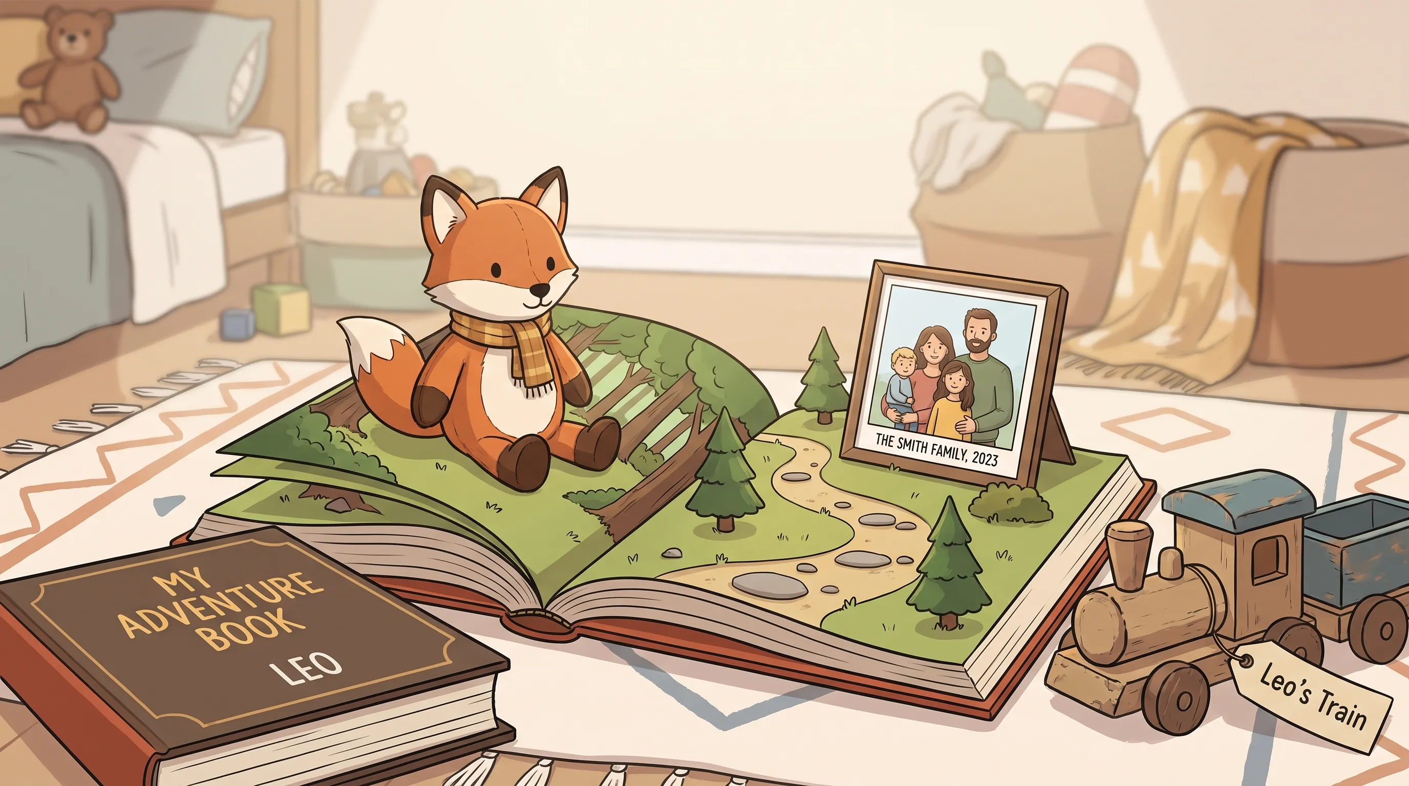 A symbolic close-up of a personalised storybook coming to life, shown as an open book on a child’s bedroom floor with illustrated pages transitioning into a few meaningful story elements around it: a favourite animal, a small adventure trail, a family photo frame, and a simple keepsake toy. The scene feels intimate and child-focused rather than like a desk or reading nook, with the book as the hero element and no people in the foreground.