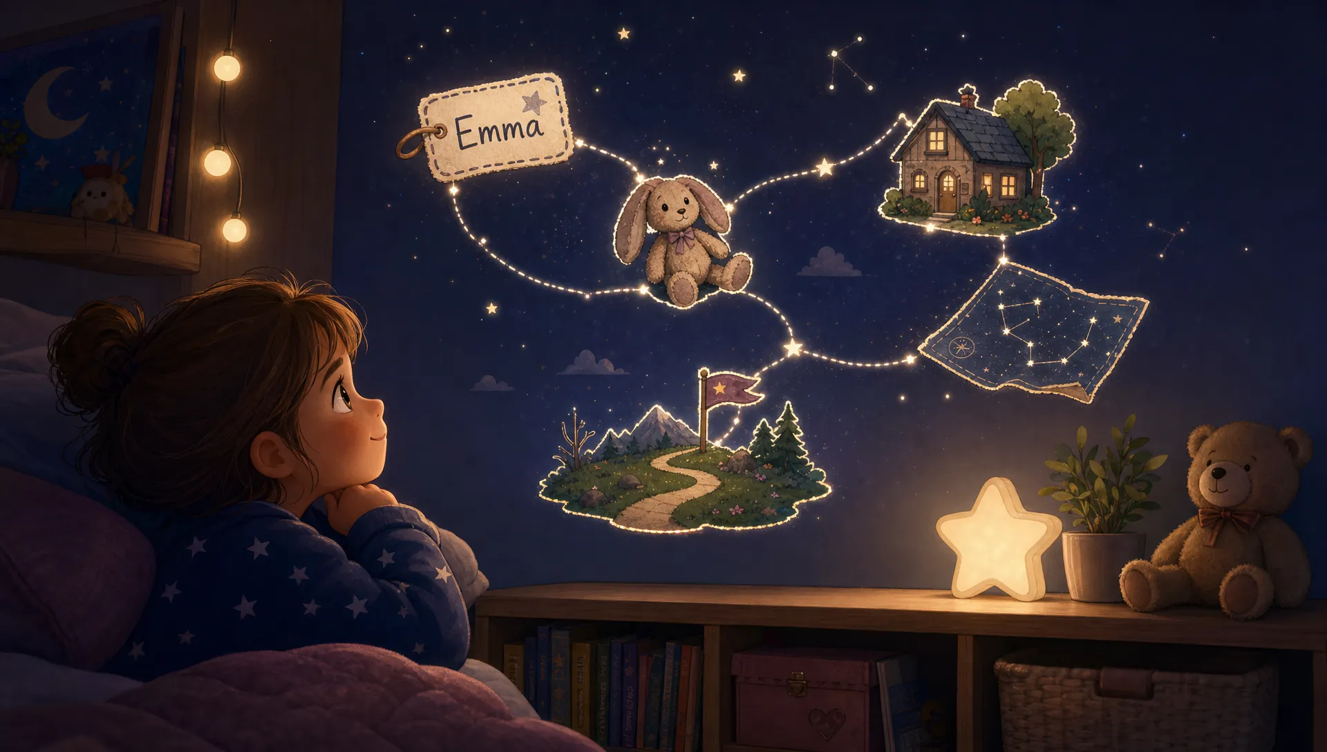 A child’s personalised story concept shown as a constellation-like arrangement of story elements floating above a small bedside shelf: a name tag, a favourite toy animal, a tiny house, a star map, and a simple adventure path linking them together. The setting feels like a quiet bedroom reading nook, with no open book as the main focus, making the personalised story feel imaginative and emotionally specific.
